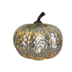 Mercury Silver Crackle Blown Glass LED Light up Pumpkin Home Decor  10X9
